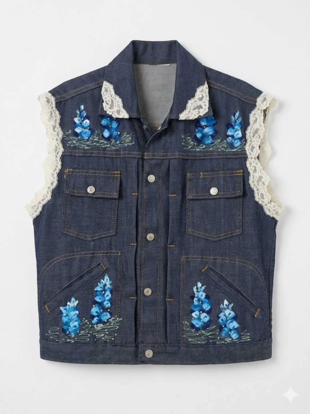 Vintage Upcycled Denim Vest - Hand Painted Blue Floral & Lace Trim Cottagecore